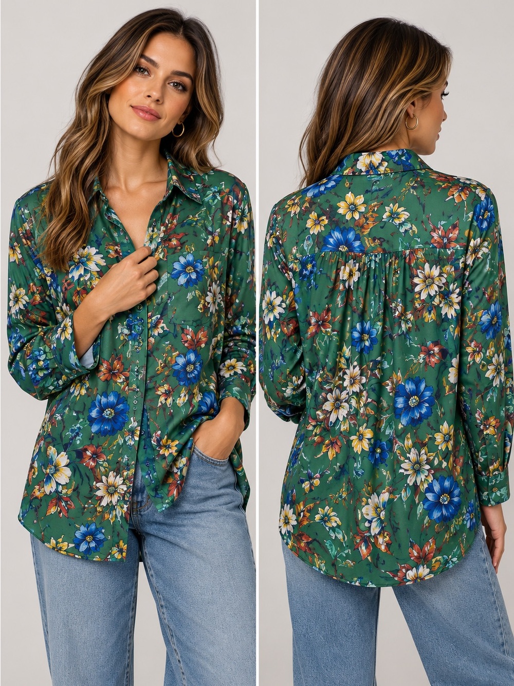 Anthropologie Brielle Relaxed Button Down Blouse Green Floral Long Sleeve